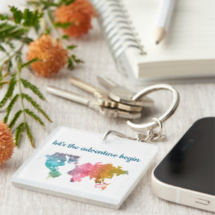 Let's The Adventure Begin Colourful Geometric Worl Key Ring