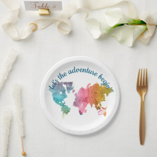 Let's The Adventure Begin Geometric World Map Paper Plate