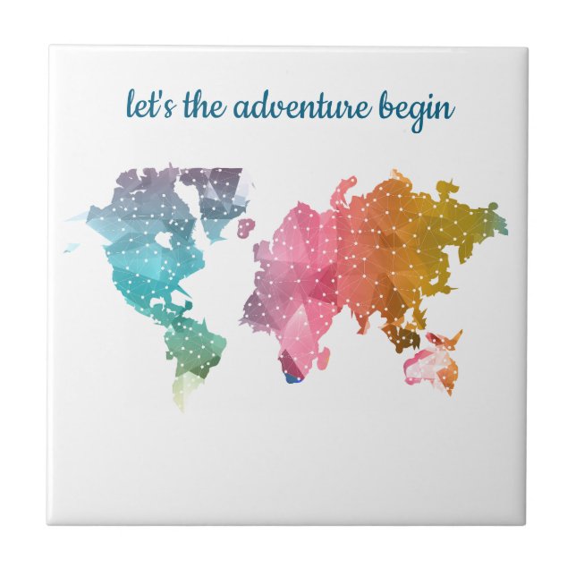 Let's The Adventure Begin Geometric World Map Tile (Front)