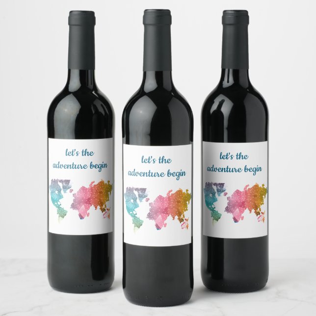 Let's The Adventure Begin Geometric World Map Wine Label (Bottles)