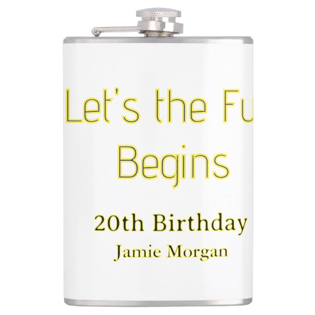 lets the fun begins 20th birthday yellow blue edit hip flask (Front)