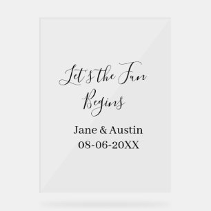lets the fun begins wedding couple name date simpl acrylic sign