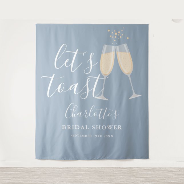 Let's Toast Bridal Shower Dusty Blue Backdrop Tapestry (Front)