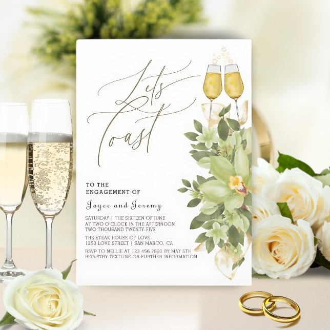 Let's Toast Greenery Floral Gold Engagement Party Invitation (Creator Uploaded)