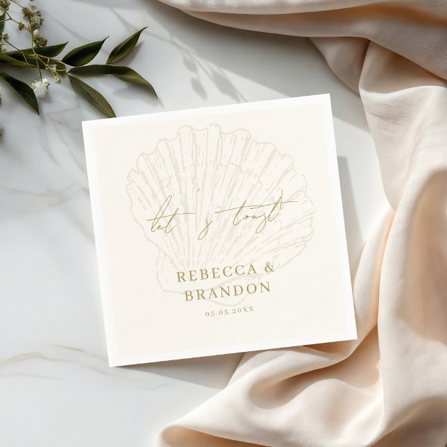 Let's Toast Ivory & Gold Seashell Coastal Wedding Napkin (Creator Uploaded)
