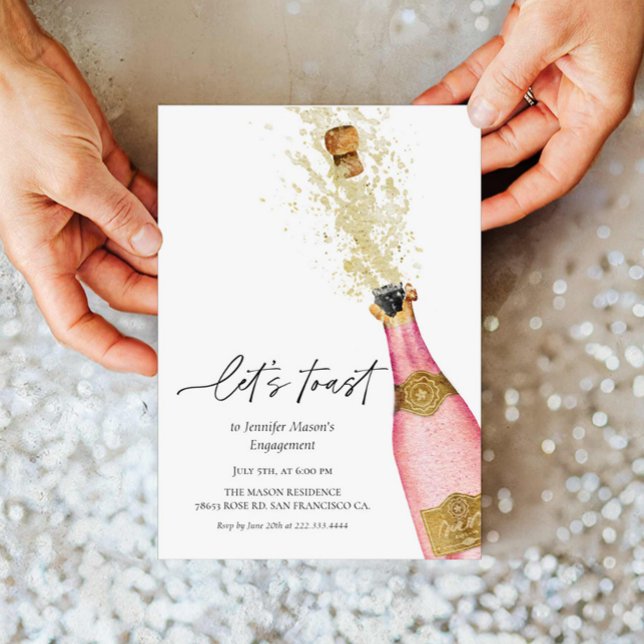 Let's Toast Pink Champagne Bottle Bridal Shower Invitation (Elegant Let's Toast Engagement Party Invitation)