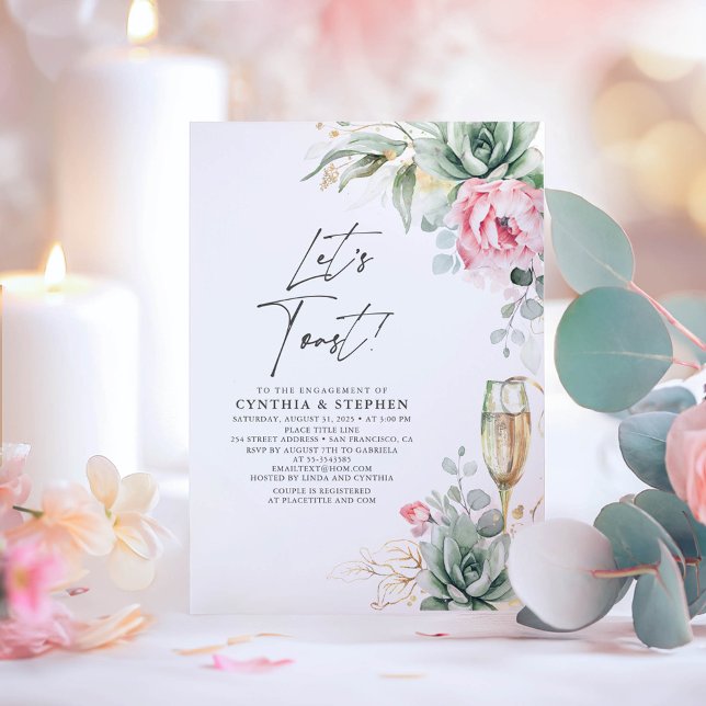 Let's Toast Succulent Pink Floral Engagement Party Invitation (Succulents and Pink Flowers Elegant Engagement Party Invitations)