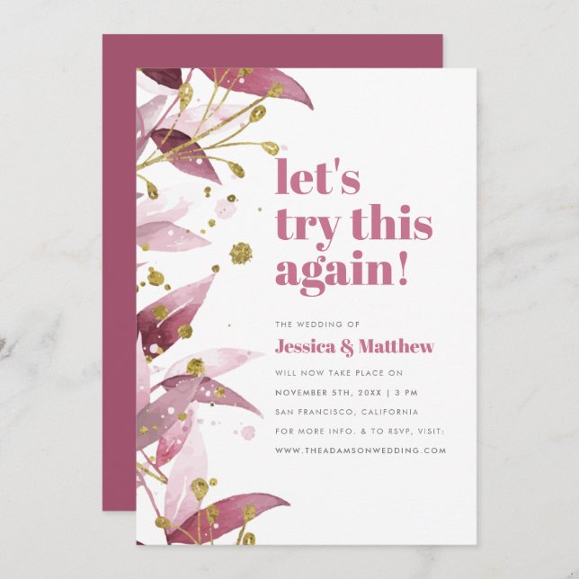 Let's Try This Again Purple & Gold Wedding Change Invitation (Front/Back)