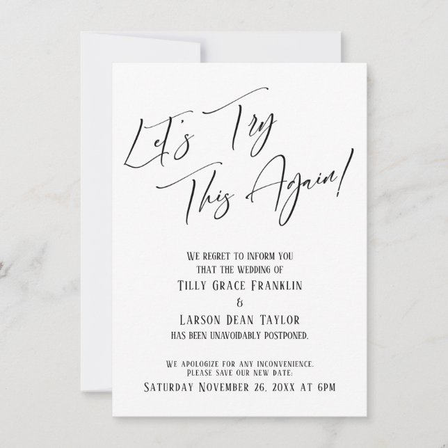Let's Try This Again Simple Postponed Wedding Card (Front)
