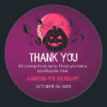 Let'sGet Spooky Halloween Birthday Party Thank You Classic Round Sticker<br><div class="desc">Modern Halloween design for spooktacular birthday party with scary pumpkin on purple pink moon background. A gender-neutral design,  perfect for October celebrations! Template is easy to personalise.</div>