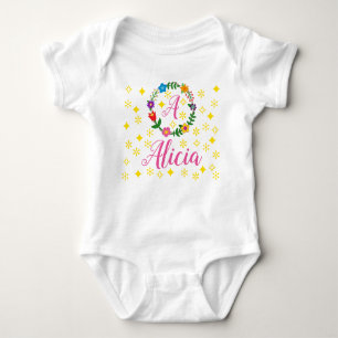 Letter A, Alicia, Bodysuit, Flowers and Stars Baby Bodysuit