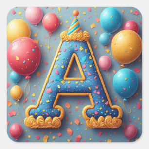 🎂 Letter A Birthday Cake Pastel Party For Kids 🎂 Square Sticker