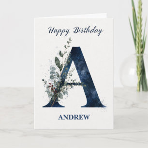 Letter A Birthday for Him Personalised Name Blue M Card