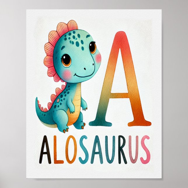 Letter A, Dinosaur Alphabet Watercolor Poster (Front)