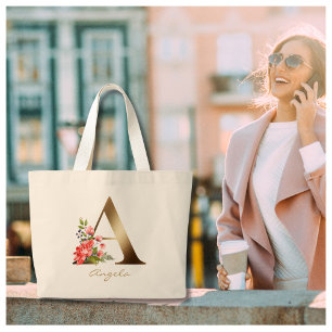 Letter A Elegant Floral Gold Monogram Large Tote Bag