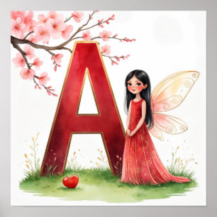Letter A Fairy Nursery Poster - Cherry Blossoms