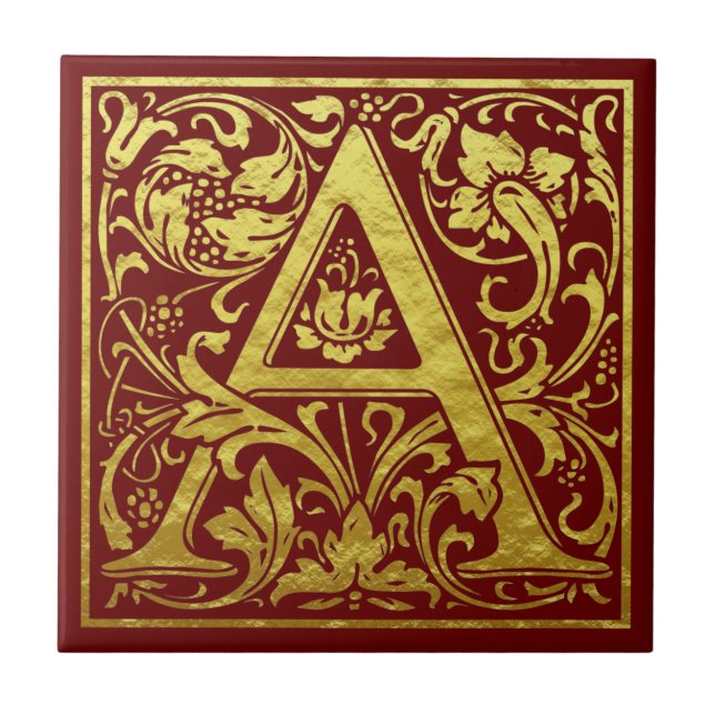 Letter A First Letter Faux Gold Red Tile (Front)