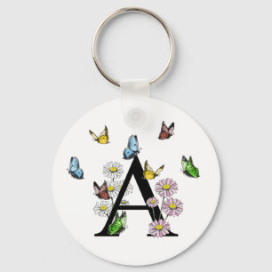 Letter A Floral Butterfly Monogram Initial  Key Ring