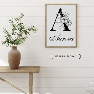 Letter A Floral Modern Black Monogram Nursery Poster