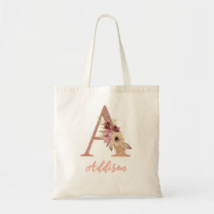 Letter A Floral Monogram with Personalized Name Tote Bag