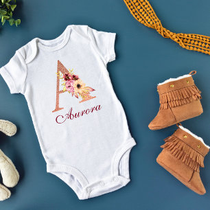 Letter A Floral Rose Gold Monogram Baby Bodysuit