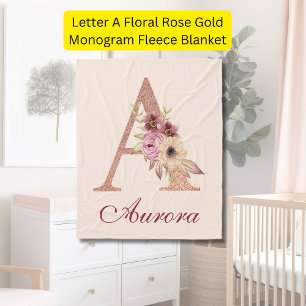 Letter A Floral Rose Gold Monogram Fleece Blanket