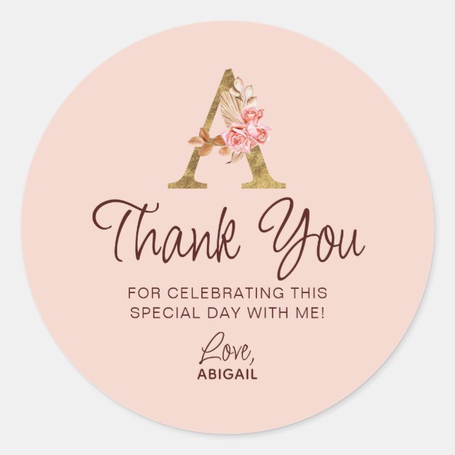 Letter A Gold Monogram Blush Pink Roses Classic Round Sticker (Front)