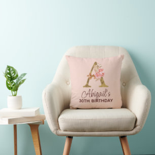Letter A Gold Monogram Blush Pink Roses Cushion