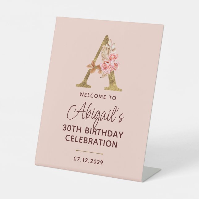 Letter A Gold Monogram Blush Pink Roses Sign (Front)