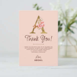 Letter A Gold Monogram Blush Pink Roses Thank You Card