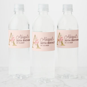 Letter A Gold Monogram Blush Pink Roses Water Bottle Label