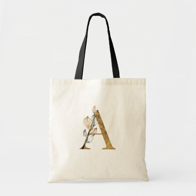 *~* Letter A Gold Monogram Initial Black Leaves Tote Bag (Front)