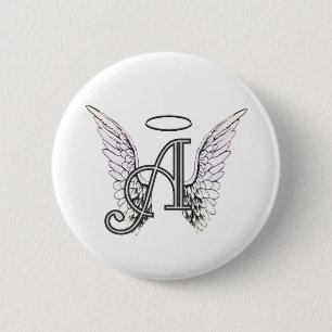 Letter A Initial Monogram with Angel Wings & Halo 6 Cm Round Badge