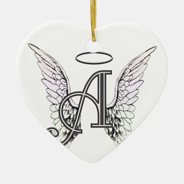 Letter A Initial Monogram with Angel Wings & Halo Ceramic Tree Decoration (Front)
