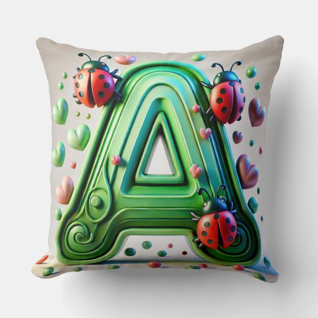 🌸 Letter A Ladybug Floral Monogram  🌸 Cushion (Front)