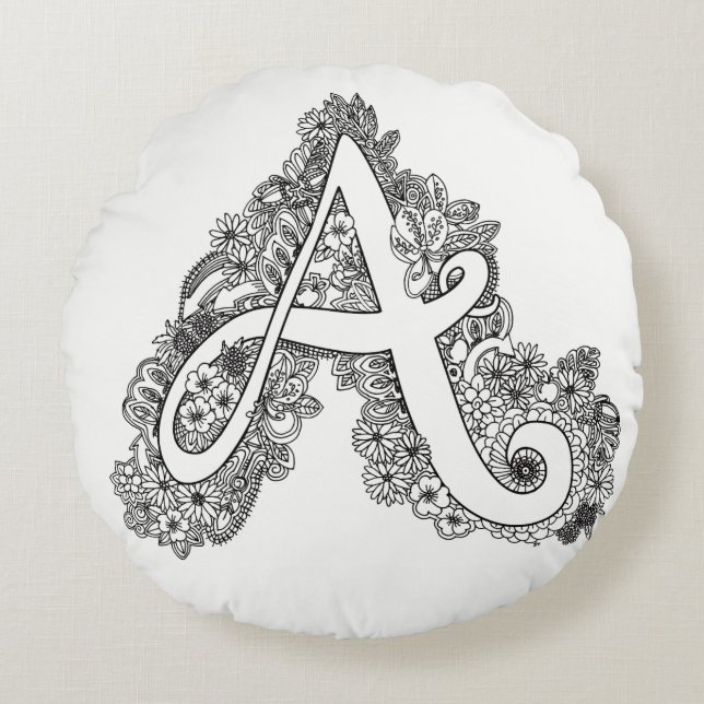 Letter A mono doodle tangled pattern round pillow (Front)