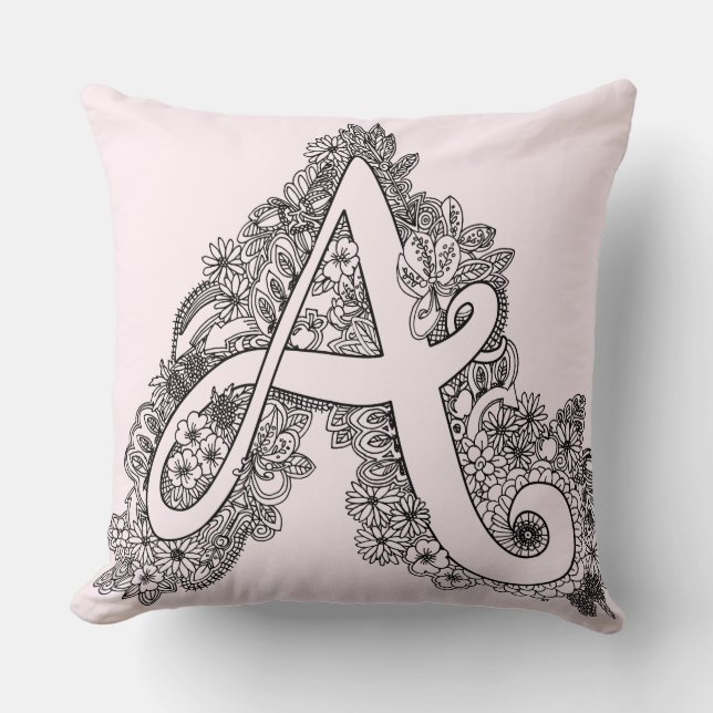 Letter A mono doodle tangled patterned pillow (Front)
