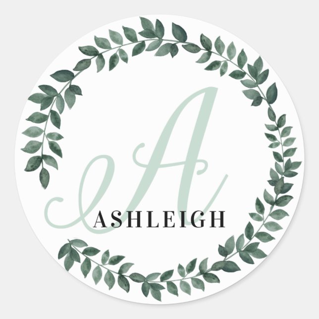 Letter A Monogram Custom Name Minimalist Botanical Classic Round Sticker (Front)