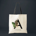 Letter A Monogram Gold Foil Tropical Personalised Tote Bag<br><div class="desc">Customisable letter A monogram tote bag featuring watercolor tropical leaves with faux gold foil and watercolor brush accents. Personalise this monogram tote bag by adding your name or other details. This letter A monogram tote bag will be perfect as a gift. Other letters are available.</div>