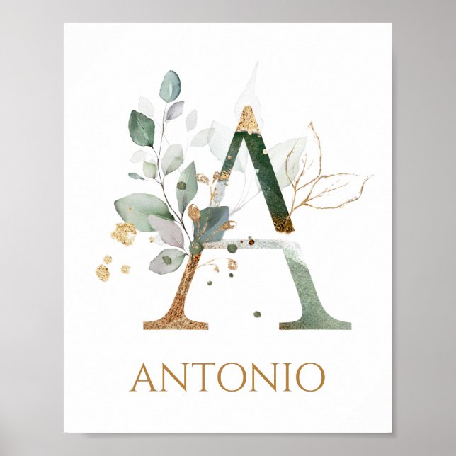 Letter A Monogram Green & gold foliage Nursery Poster (Front)