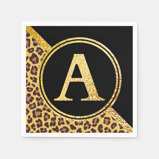 Letter A Monogram Leopard Print Gold and Black Napkin (Front)