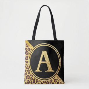 Letter A Monogram Leopard Print Gold and Black Tote Bag