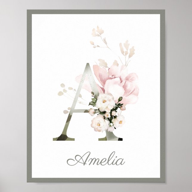 Letter A Monogram Pink Peony Roses Nursery Poster (Front)