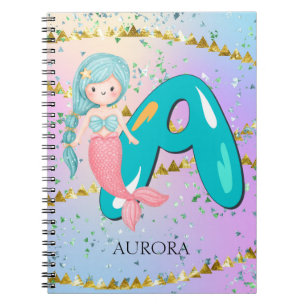 Letter A Monogram Watercolor Cute Mermaid Nursery Notebook