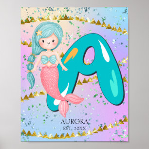 Letter A Monogram Watercolor Cute Mermaid Nursery  Poster