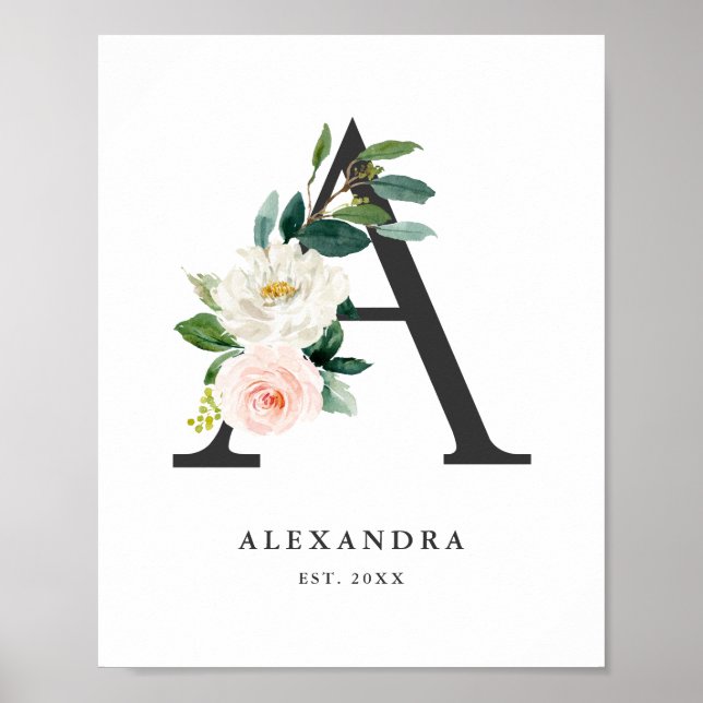 Letter A Monogram Watercolor Peach Florals Nursery Poster (Front)