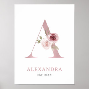 Letter A Monogram Watercolor Rose Florals Nursery Poster