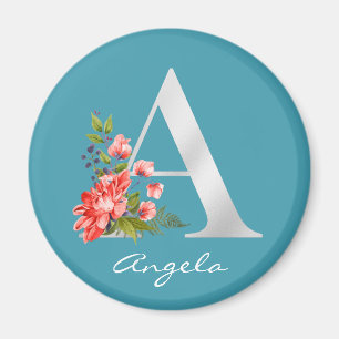Letter A   Name   Floral White Metallic Monogram   Magnet