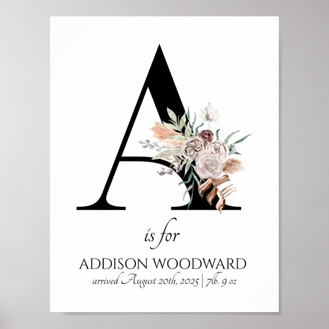 Letter A New Baby Floral Monogram Birth Poster (Front)