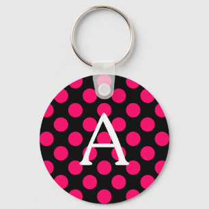 Letter A on Black Pink Polka Dots Key Ring